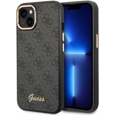 Coque iPhone 14 - Guess toile similicuir avec logo métallique doré en relief - Noir