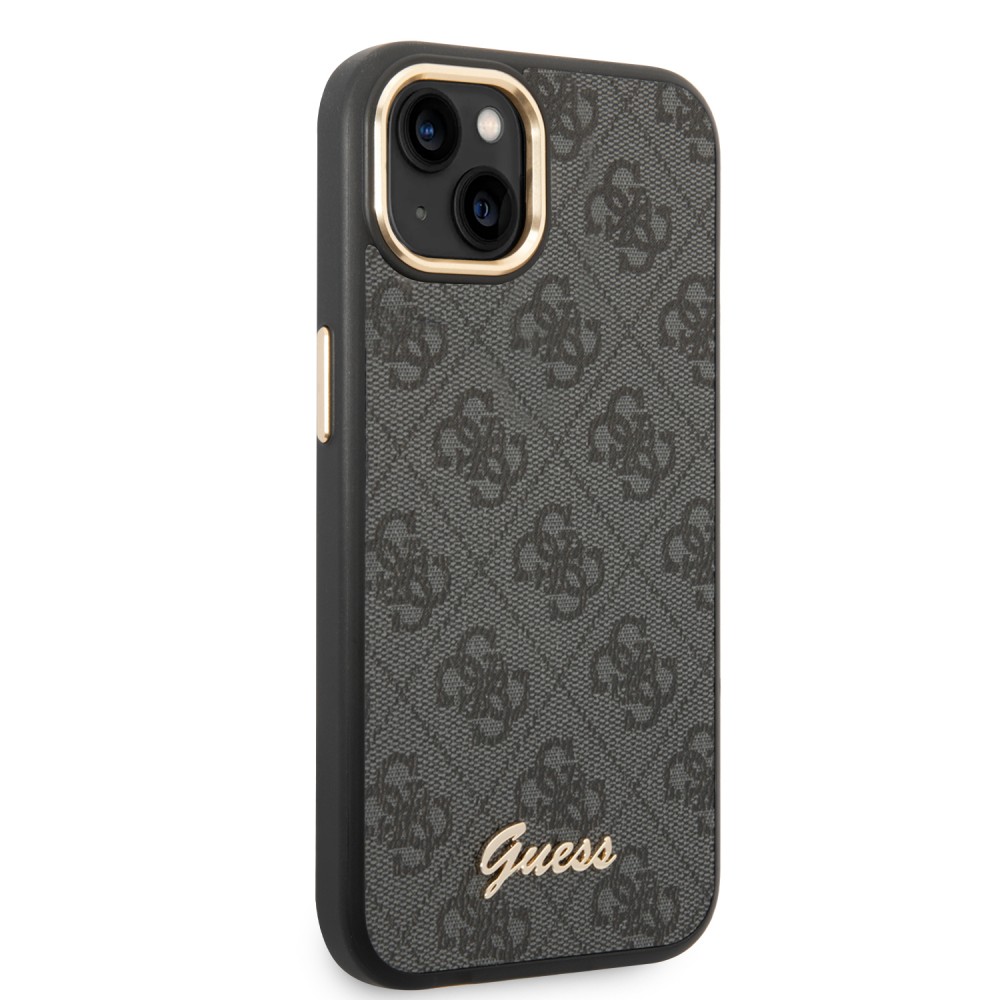 Coque iPhone 14 - Guess toile similicuir avec logo métallique doré en relief - Noir