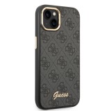 Coque iPhone 14 - Guess toile similicuir avec logo métallique doré en relief - Noir