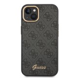 Coque iPhone 14 - Guess toile similicuir avec logo métallique doré en relief - Noir