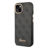 Coque iPhone 14 - Guess toile similicuir avec logo métallique doré en relief - Noir