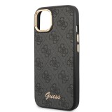 Coque iPhone 14 - Guess toile similicuir avec logo métallique doré en relief - Noir