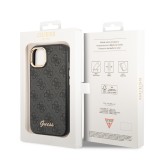 Coque iPhone 14 - Guess toile similicuir avec logo métallique doré en relief - Noir