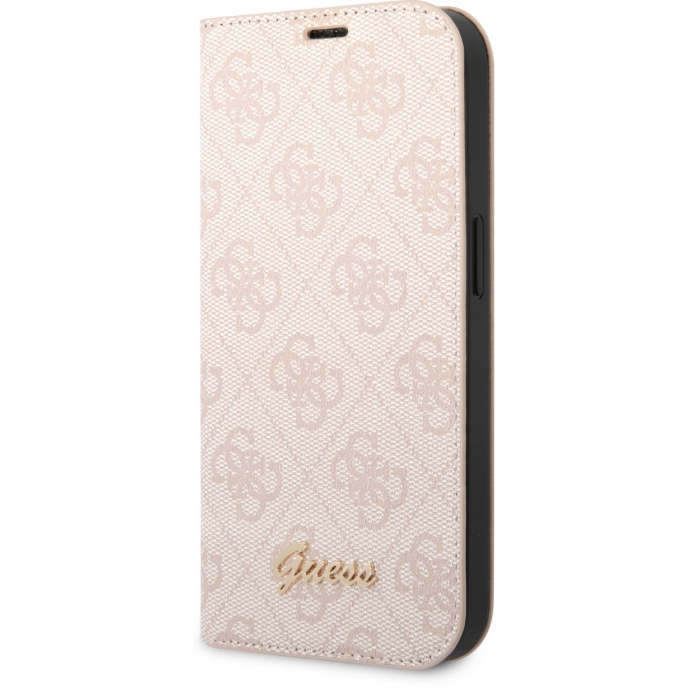 Fourre iPhone 14 Pro - Flip Guess toile similicuir avec logo métallique doré en relief - Rose clair