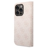 Fourre iPhone 14 Pro - Flip Guess toile similicuir avec logo métallique doré en relief - Rose clair