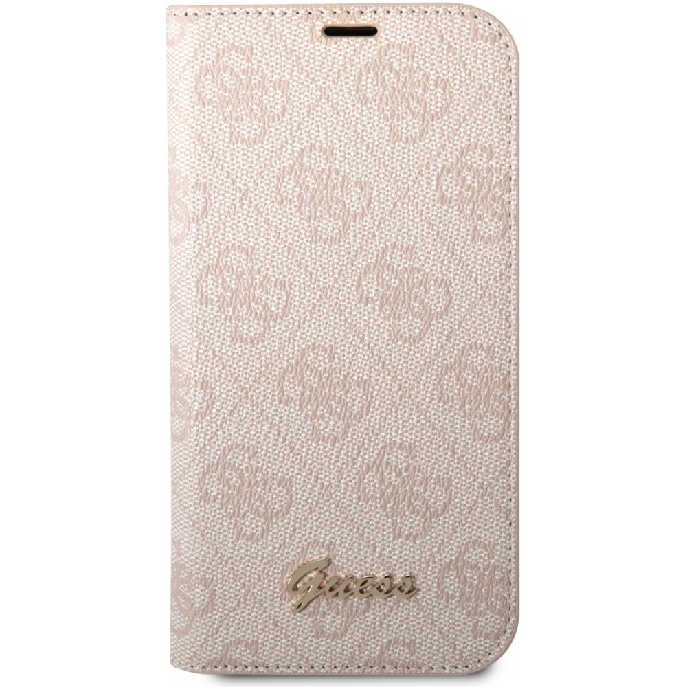 Fourre iPhone 14 Pro - Flip Guess toile similicuir avec logo métallique doré en relief - Rose clair