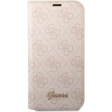 Fourre iPhone 14 Pro - Flip Guess toile similicuir avec logo métallique doré en relief - Rose clair