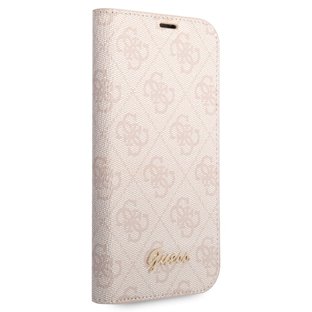 Fourre iPhone 14 Pro - Flip Guess toile similicuir avec logo métallique doré en relief - Rose clair