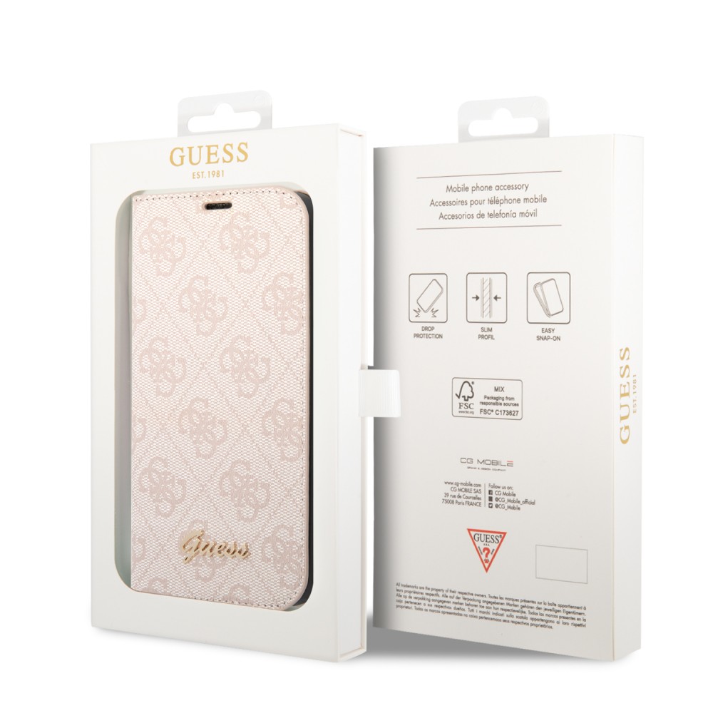 Fourre iPhone 14 Pro - Flip Guess toile similicuir avec logo métallique doré en relief - Rose clair