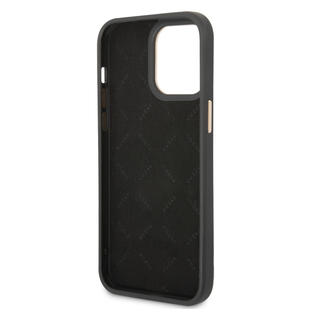 iPhone 14 Pro Max Case Hülle - Guess Leinwand Kunstleder mit goldfarbenem Metall-Logo in Reliefoptik - Schwarz