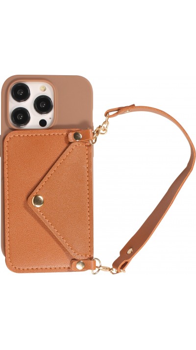 iPhone 14 Pro Case Hülle - Soft-Touch-Silikon mit Karten- oder Geldfach aus Leder und integriertem Lanyard - Braun