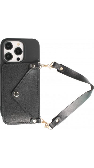 iPhone 14 Pro Case Hülle - Soft-Touch-Silikon mit Karten- oder Geldfach aus Leder und integriertem Lanyard - Schwarz