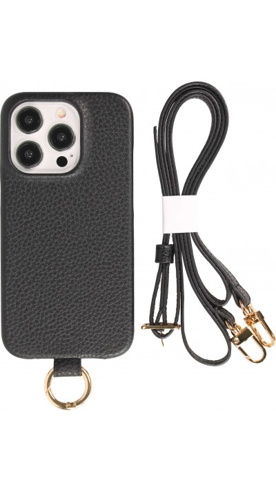 iPhone 14 Pro Case Hülle - Premium Luxus Echtleder mit verstell- und abnehmbarem Lederriemen + MagSafe - Schwarz