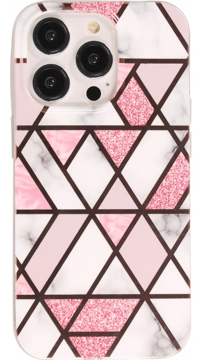 iPhone 14 Pro Case Hülle - Silikon Gel geometrische Streifen marble - Weiss/rosa