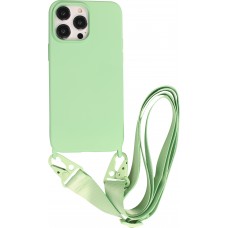 Coque iPhone 14 Pro Max - Silicone mat avec lanière et mousqueton en fer - Avocado vert