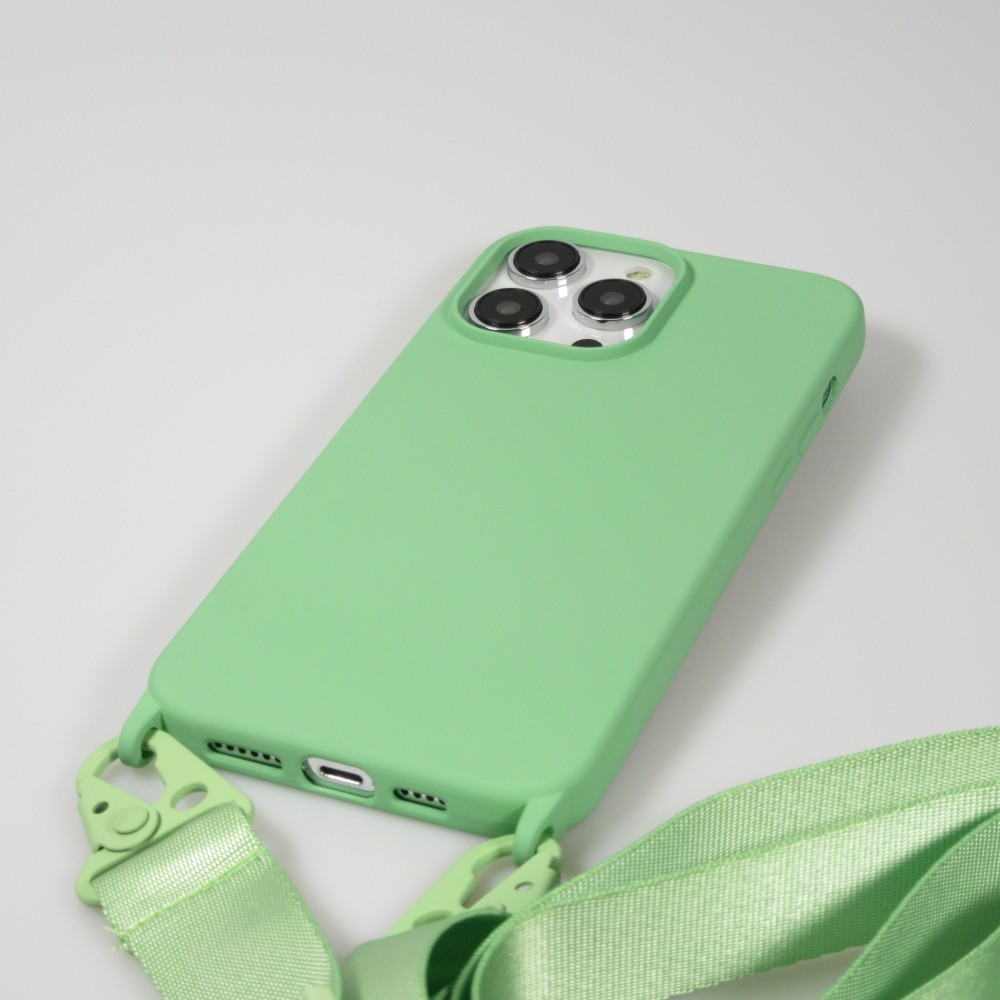 iPhone 14 Pro Max Case Hülle - Silikon matt mit Trageschlaufe und Metall Karabiner - Avocado grün