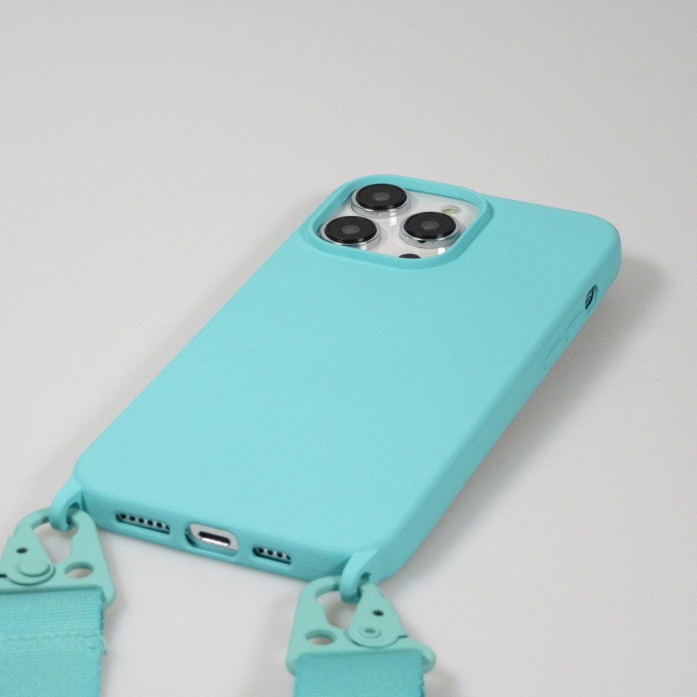 iPhone 14 Pro Max Case Hülle - Silikon matt mit Trageschlaufe und Metall Karabiner - Hellblau