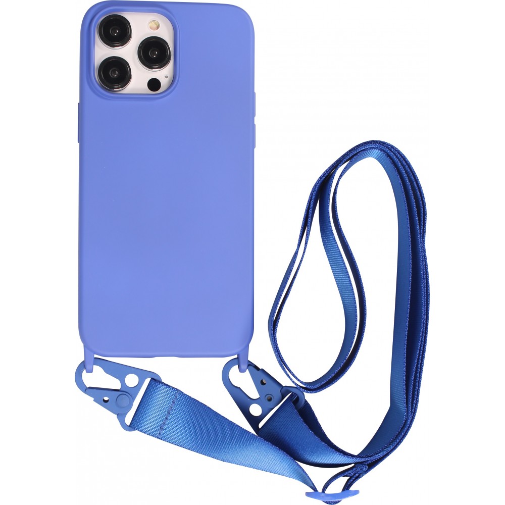 iPhone 14 Pro Max Case Hülle - Silikon matt mit Trageschlaufe und Metall Karabiner - Blau