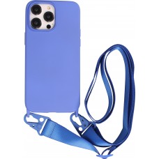 Coque iPhone 14 Pro Max - Silicone mat avec lanière et mousqueton en fer - Bleu