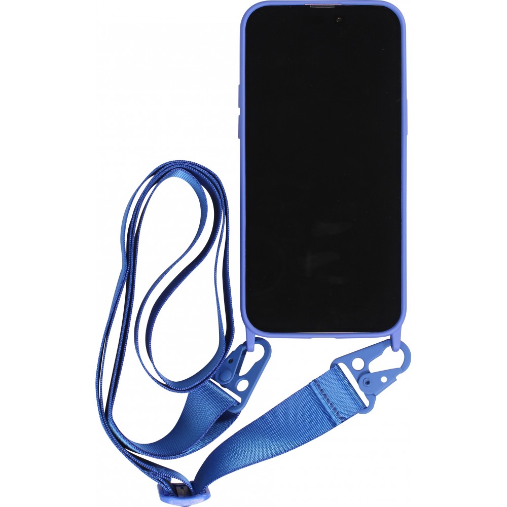 Coque iPhone 14 Pro Max - Silicone mat avec lanière et mousqueton en fer - Bleu