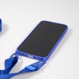 Coque iPhone 14 Pro Max - Silicone mat avec lanière et mousqueton en fer - Bleu