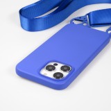 Coque iPhone 14 Pro Max - Silicone mat avec lanière et mousqueton en fer - Bleu