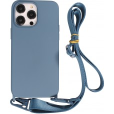 Coque iPhone 14 Pro Max - Silicone mat avec lanière et mousqueton en fer - Deep Sea Blue