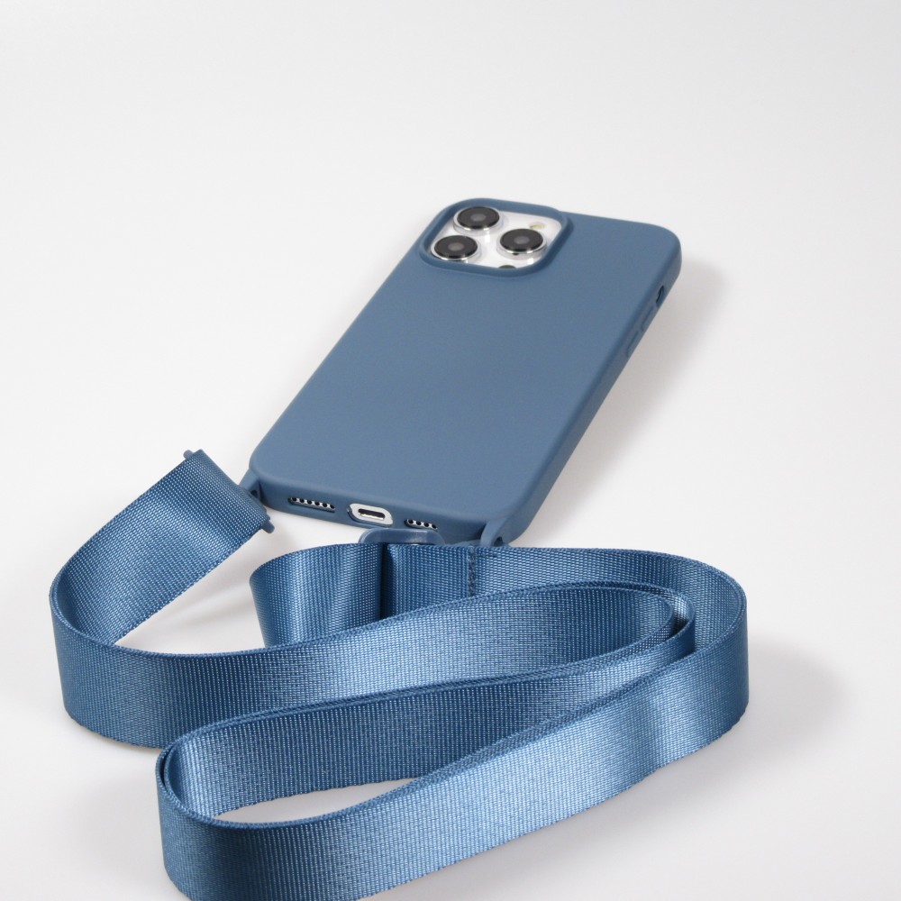 Coque iPhone 14 Pro Max - Silicone mat avec lanière et mousqueton en fer - Deep Sea Blue