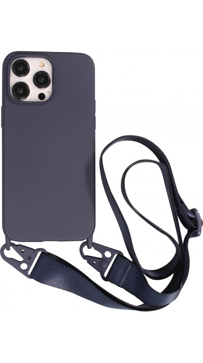 iPhone 14 Pro Case Hülle - Silikon matt mit Trageschlaufe und Metall Karabiner - Midnight Blue