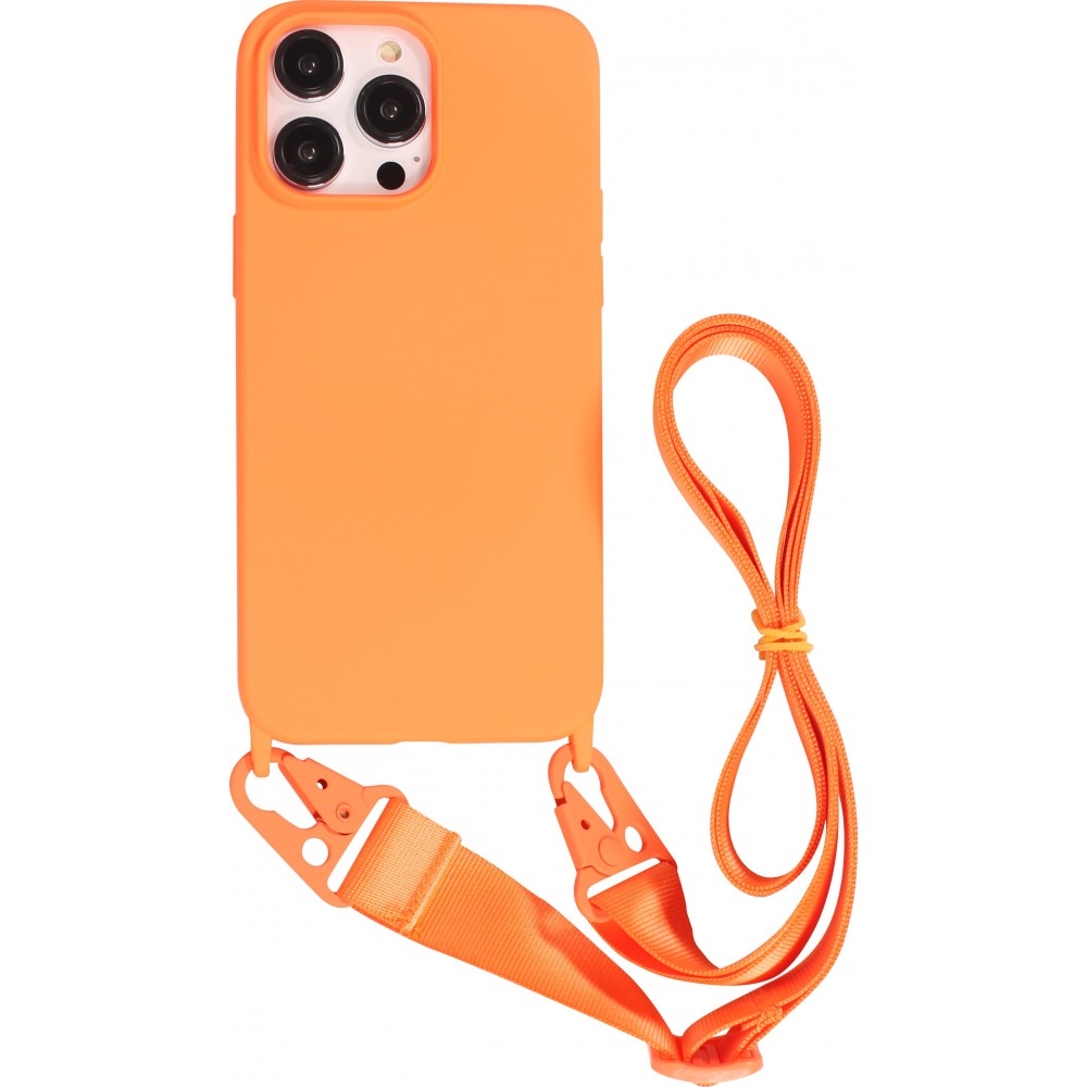 Coque iPhone 14 Pro Max - Silicone mat avec lanière et mousqueton en fer - Orange