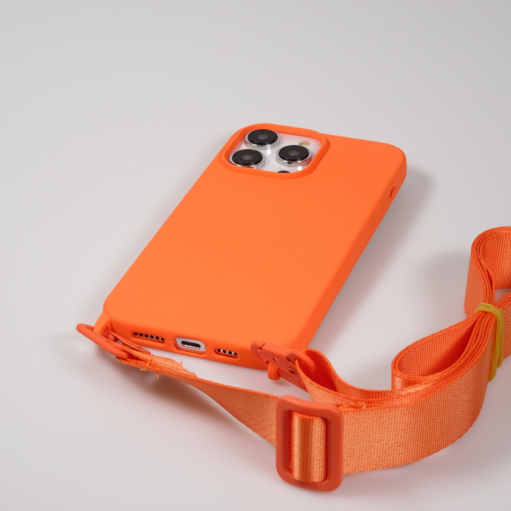 Coque iPhone 14 Pro Max - Silicone mat avec lanière et mousqueton en fer - Orange