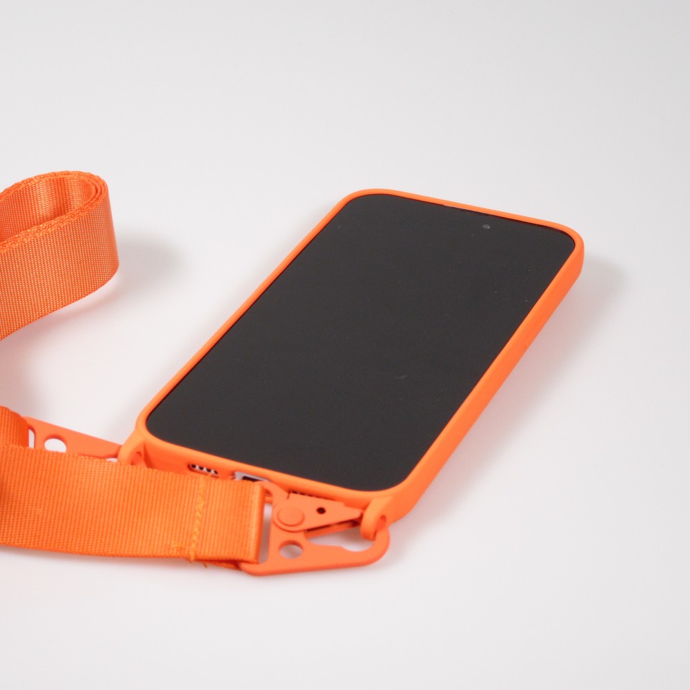 iPhone 14 Pro Max Case Hülle - Silikon matt mit Trageschlaufe und Metall Karabiner - Orange