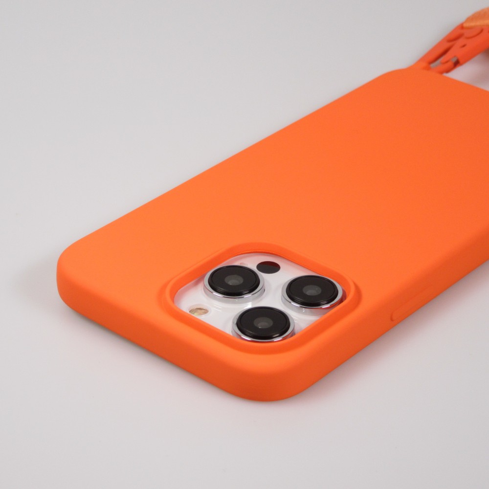 iPhone 14 Pro Max Case Hülle - Silikon matt mit Trageschlaufe und Metall Karabiner - Orange