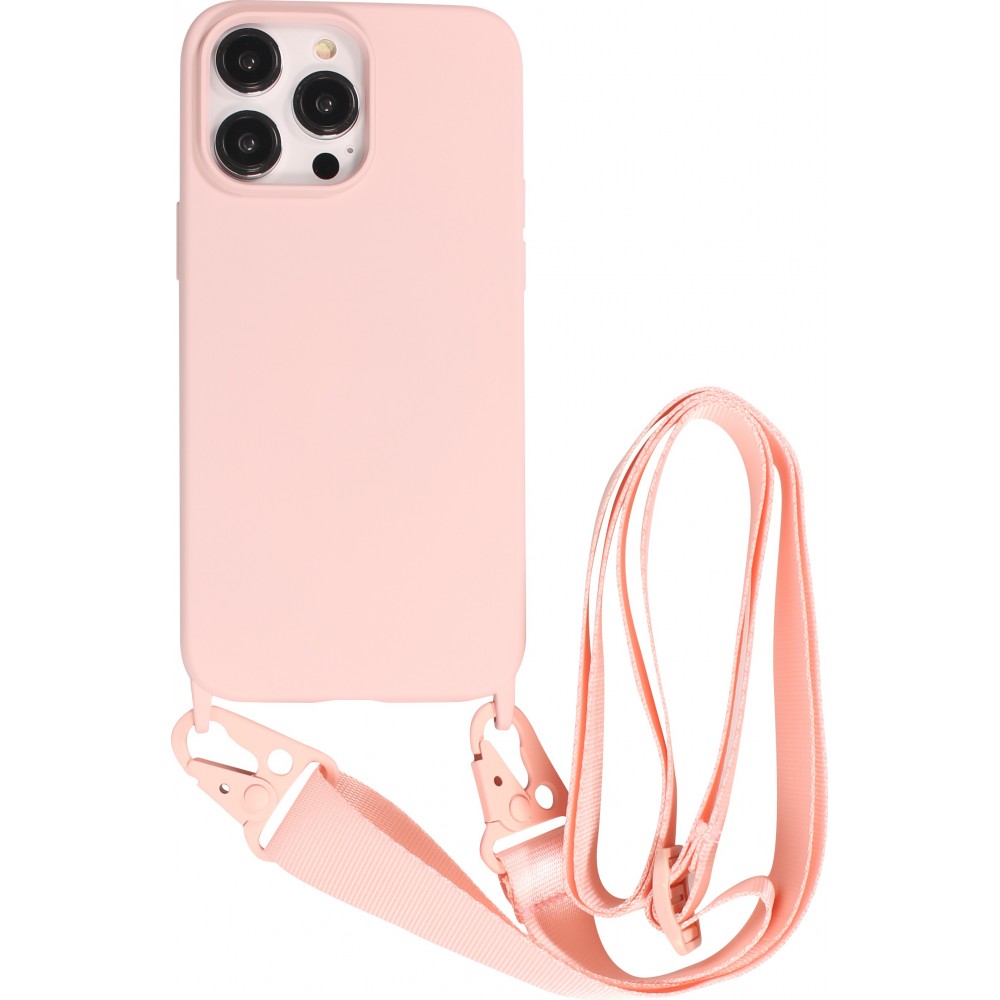 Coque iPhone 14 Pro Max - Silicone mat avec lanière et mousqueton en fer - Rose