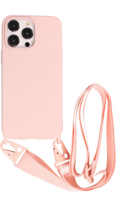 iPhone 14 Pro Case Hülle - Silikon matt mit Trageschlaufe und Metall Karabiner - Rosa