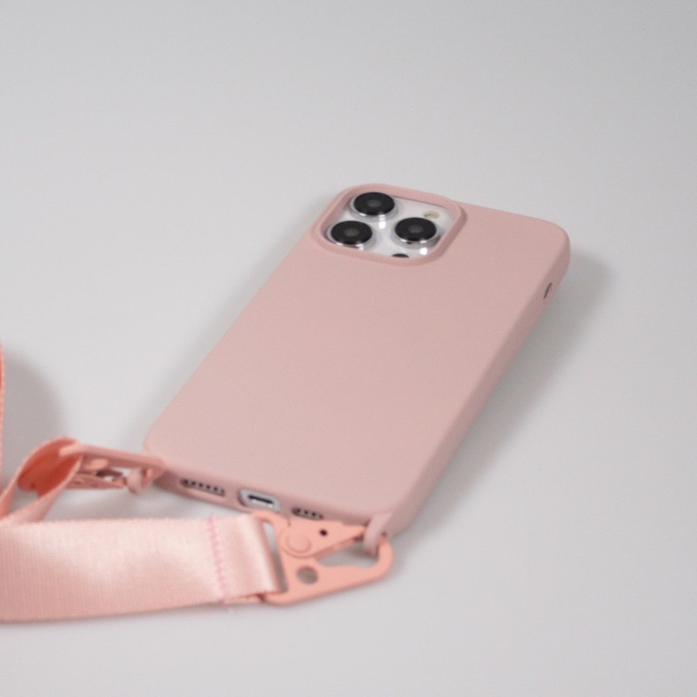 iPhone 14 Pro Max Case Hülle - Silikon matt mit Trageschlaufe und Metall Karabiner - Rosa