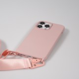 Coque iPhone 14 Pro Max - Silicone mat avec lanière et mousqueton en fer - Rose