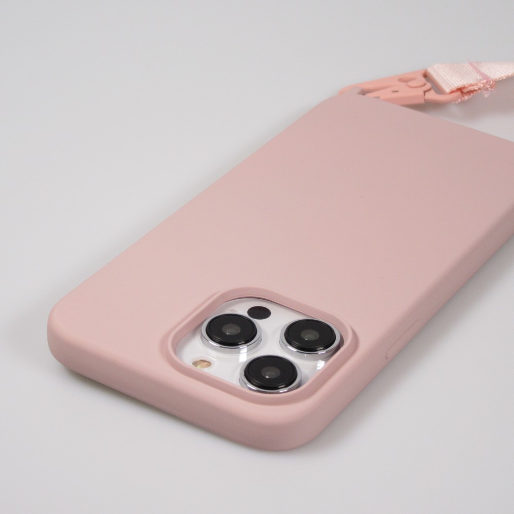 Coque iPhone 14 Pro Max - Silicone mat avec lanière et mousqueton en fer - Rose