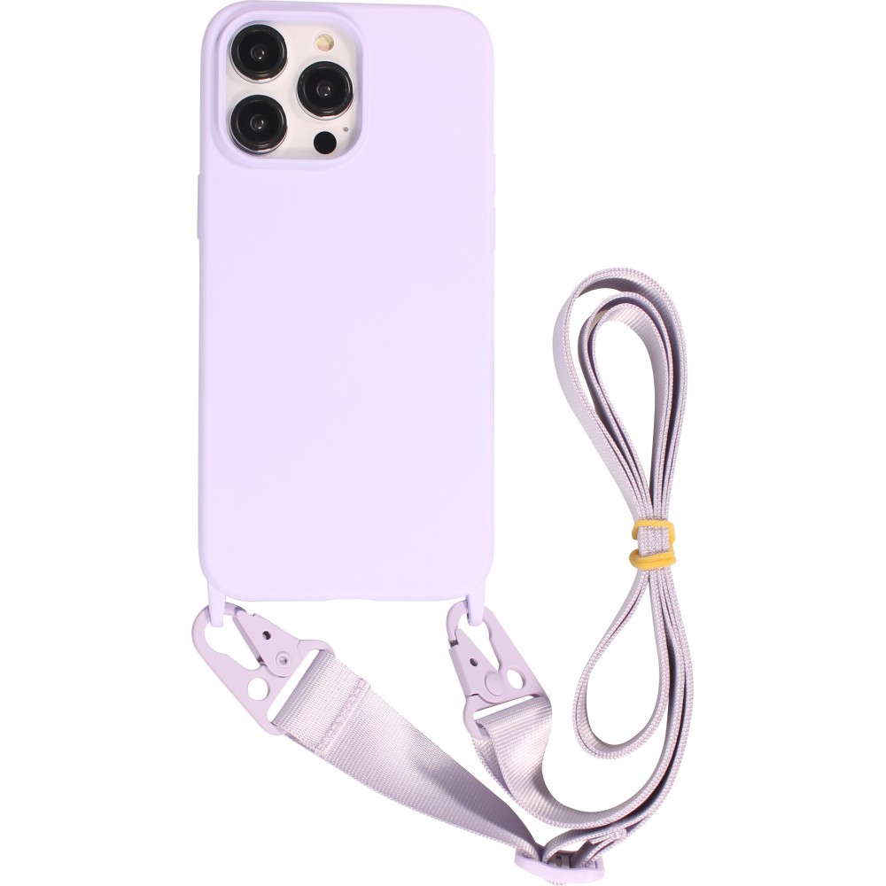 Coque iPhone 14 Pro Max - Silicone mat avec lanière et mousqueton en fer - Violet clair