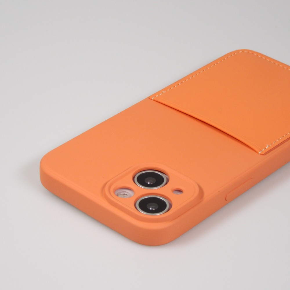 iPhone 14 Plus Case Hülle - Glattes Silikon mit Kartenfach & extra Kameraschutz - Orange