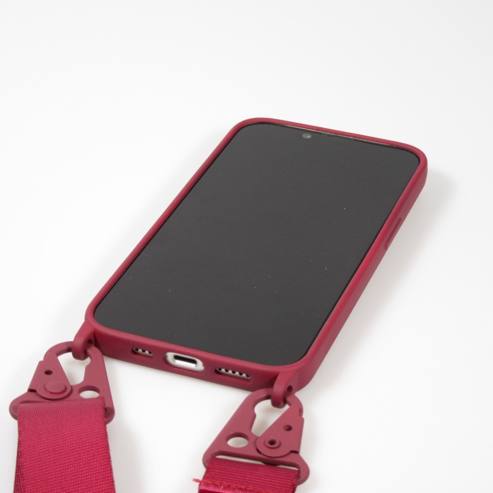 iPhone 14 Case Hülle - Silikon matt mit Trageschlaufe und Metall Karabiner - Burgundi