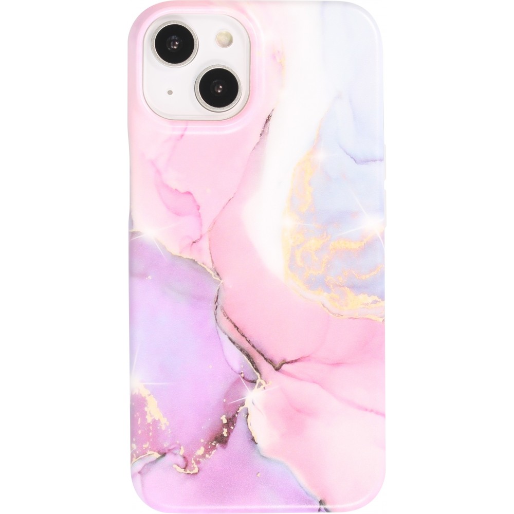 iPhone 14 Plus Case Hülle - Mattes Silikon mit aufgedrucktem Marmoreffekt - Rosa lila