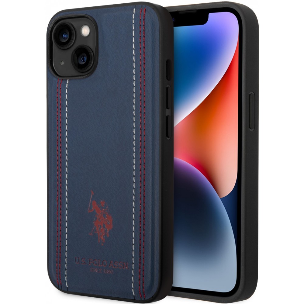 Coque iPhone 14 - U.S. Polo Assn. Similicuir avec coutures et logo imprimé en rouge - Bleu