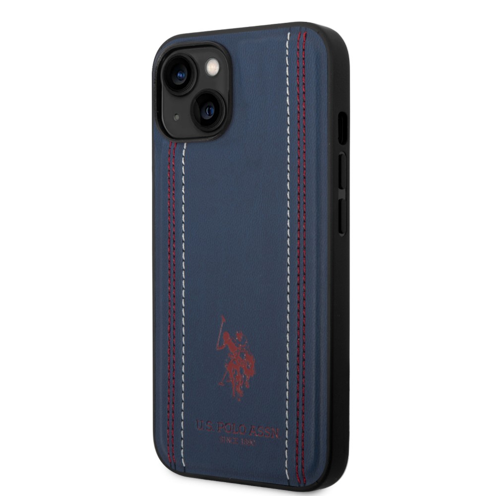 Coque iPhone 14 - U.S. Polo Assn. Similicuir avec coutures et logo imprimé en rouge - Bleu