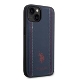 Coque iPhone 14 - U.S. Polo Assn. Similicuir avec coutures et logo imprimé en rouge - Bleu