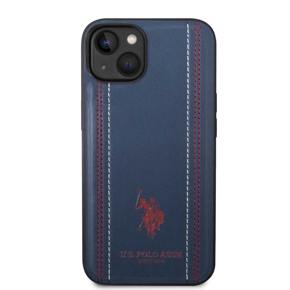 iPhone 14 Case Hülle - U.S. Polo Assn. Kunstleder mit Nähten und aufgedrucktem Logo in Rot - Blau