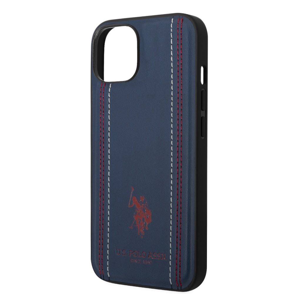 Coque iPhone 14 - U.S. Polo Assn. Similicuir avec coutures et logo imprimé en rouge - Bleu