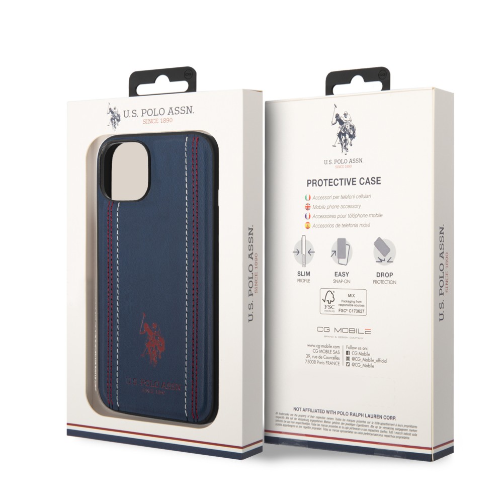 Coque iPhone 14 - U.S. Polo Assn. Similicuir avec coutures et logo imprimé en rouge - Bleu