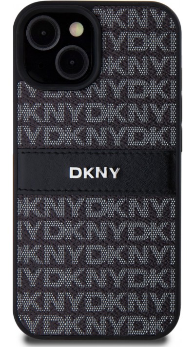 Coque iPhone 15 - DKNY silicone similicuir monogramme logo métallique - Noir