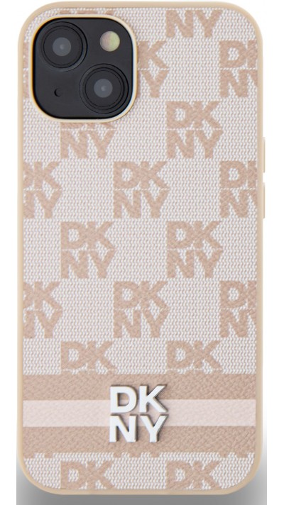 Coque iPhone 15 - DKNY toile similicuir monogramme logo métallique - Rose